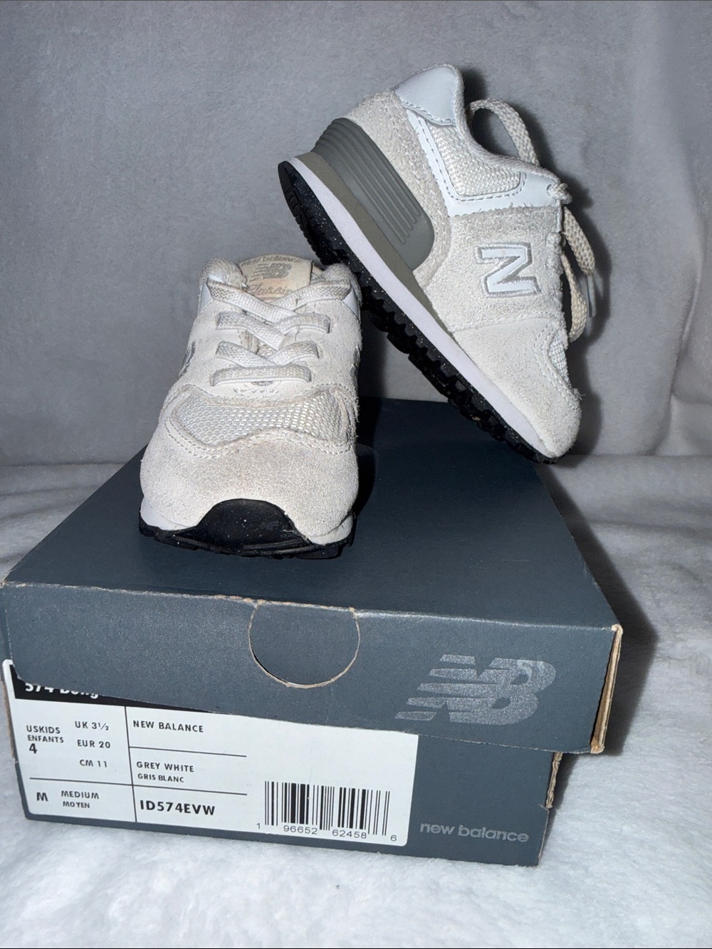 New Balance Kids White Gray Suede Mesh Sneakers